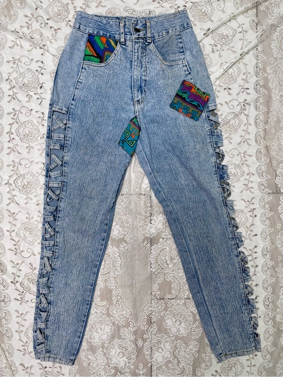 Vintage Denim - Watch LA | Vintage 80s 90s Curvy Acid-Washed Patchwork Cut-Out Skinny Jeans